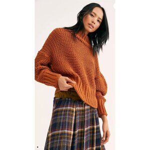 Free People My Ony Sunshine Sweater XS Brown Chunky Knit High Neck Boho Relaxed